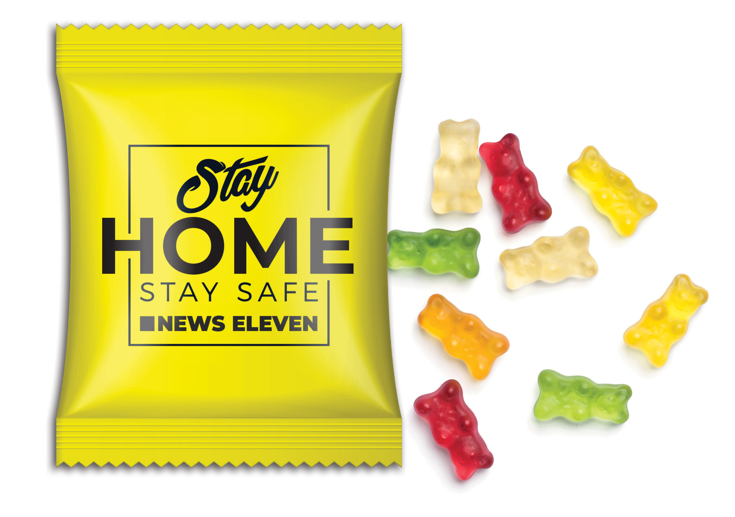 Mini-Gummibärchen vegan im Werbetütchen 10 g Fruchtmischung Papier/PE-Verbundsfolie weiß