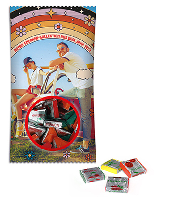 Fruchtkaramellen im Werbetütchen 100 g  weiße kompostierbare Folie