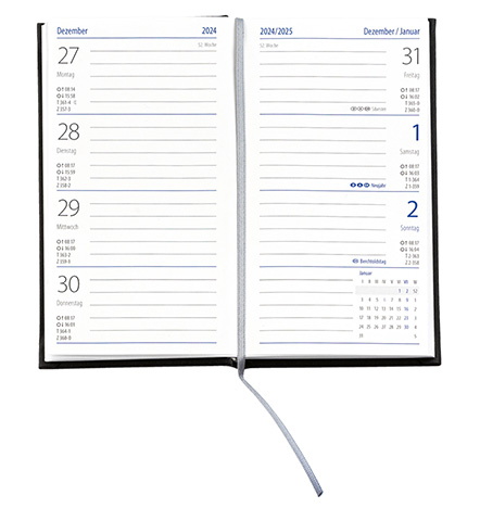 Taschenkalender "Klassik" im Format 8,7 x 15,3 cm, deutsches Kalendarium Grau/Blau mit Leseband, 128 Seiten Fadenheftung, Einband Slinky rot