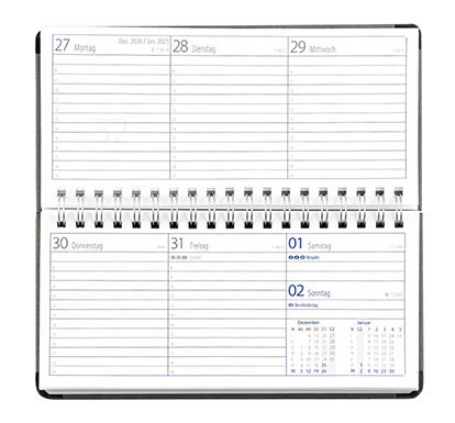 Taschenkalender "Horizontal" im Format 17 x 8 cm, deutsches Kalendarium Grau/Blau, 144 Seiten, Wire-O-Bindung, Eckenperforation, Deckelpaar Balacron dunkelblau