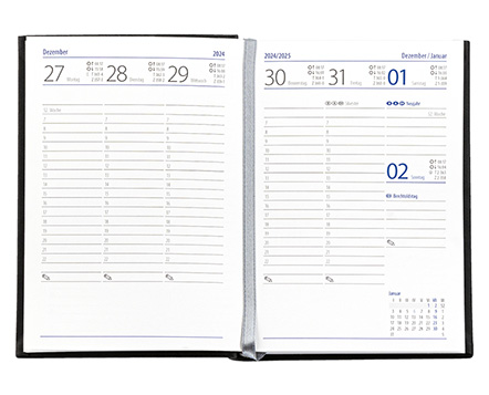 Taschenkalender "Taschenbuch Woche" im Format 10,5 x 14,8 cm, deutsches Kalendarium Grau/Blau mit Leseband, 144 Seiten Fadenheftung, Einband Slinky rot