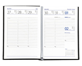 Taschenkalender "Taschenbuch Woche" im Format 10,5 x 14,8 cm, deutsches Kalendarium Grau/Blau mit Leseband, 144 Seiten Fadenheftung, Einband Slinky rot