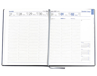 Wochenkalender "Manager D" im Format 21 x 26 cm, deutsches Kalendarium Grau/Blau mit Leseband, 144 Seiten Fadenheftung, Eckenperforation, Einband Balacron weiß