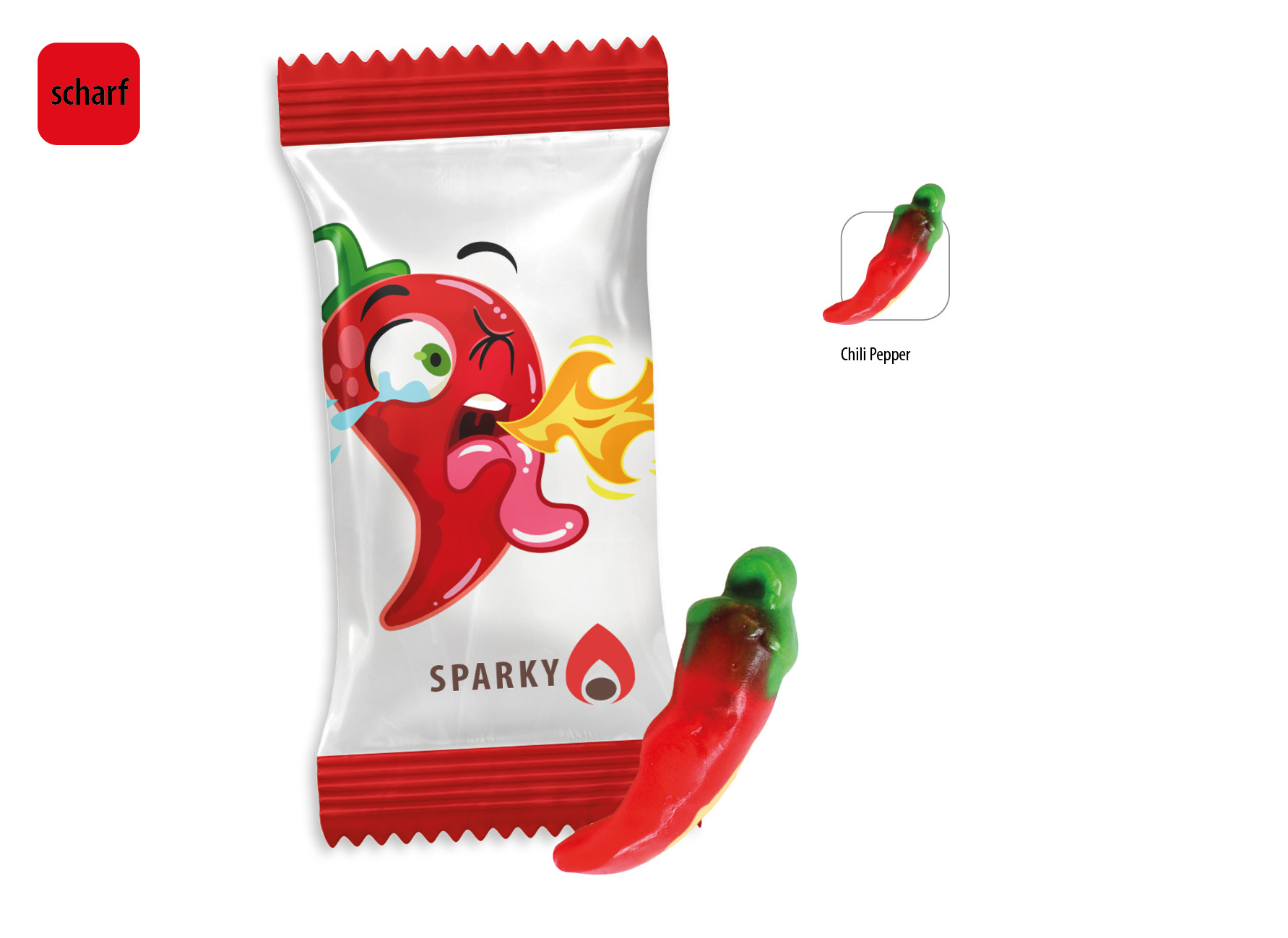 Chili Pepper Werbetüte, Inhalt: Chili Pepper Fruchtgummi mit Schaumzuckerboden